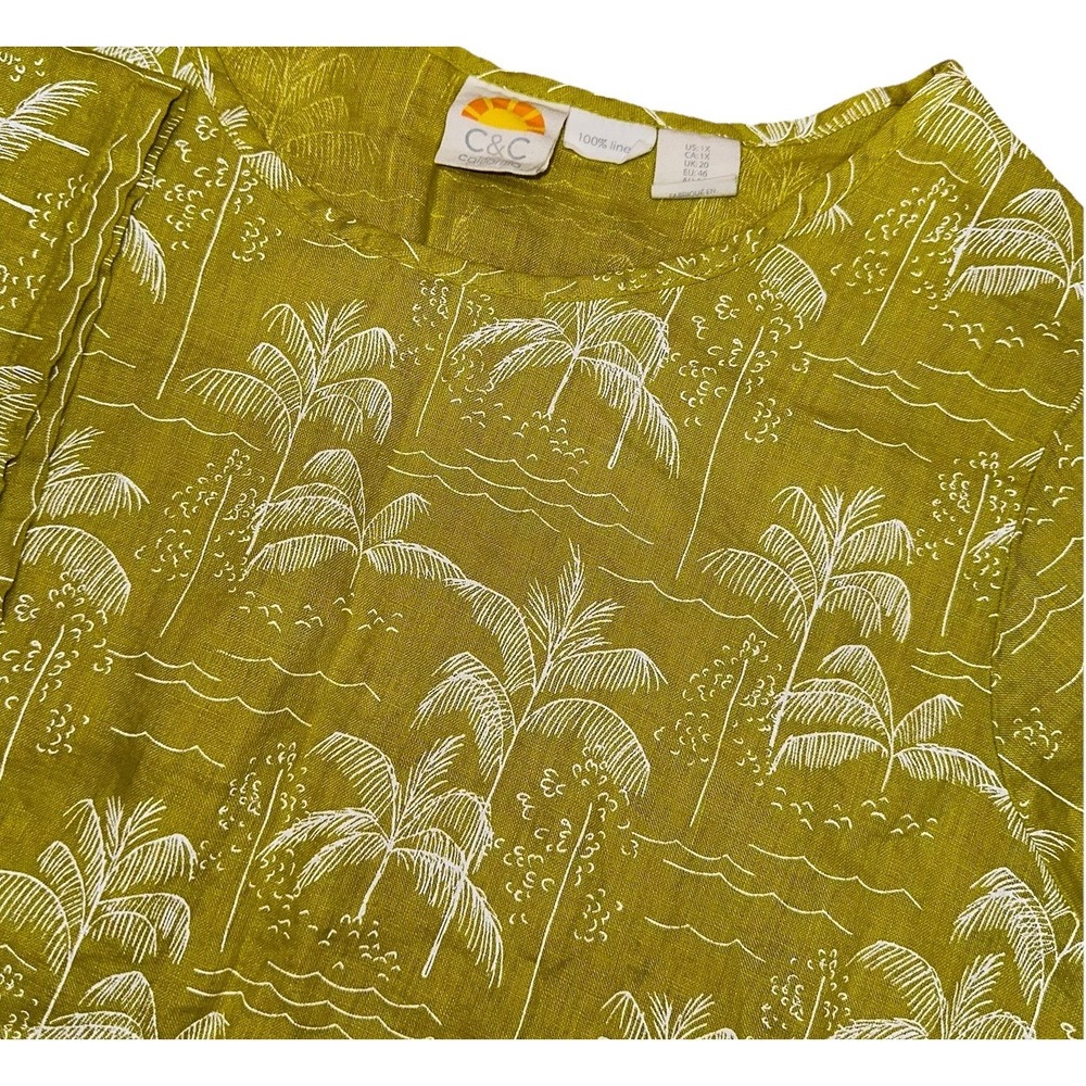 C&C California 100% Linen Green Floral Short Sleeve Tropical Palm Top Women's 1X